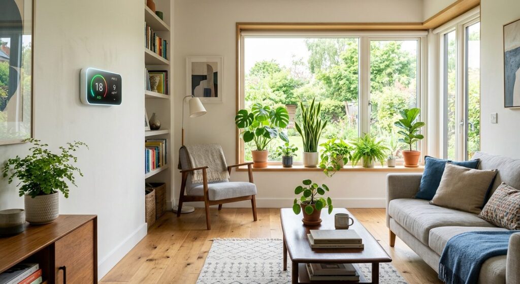 Stue med godt indeklima, grønne planter og naturligt lys som tegn på sund luftkvalitet