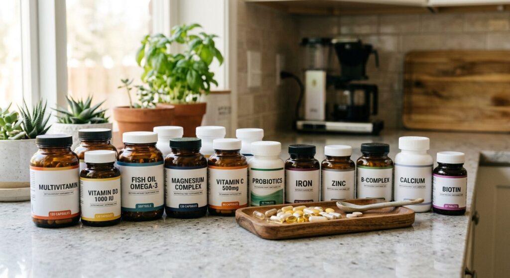 Forskellige vitaminer og kosttilskud på køkkenbord som viser hvilke vitaminer man bør tage