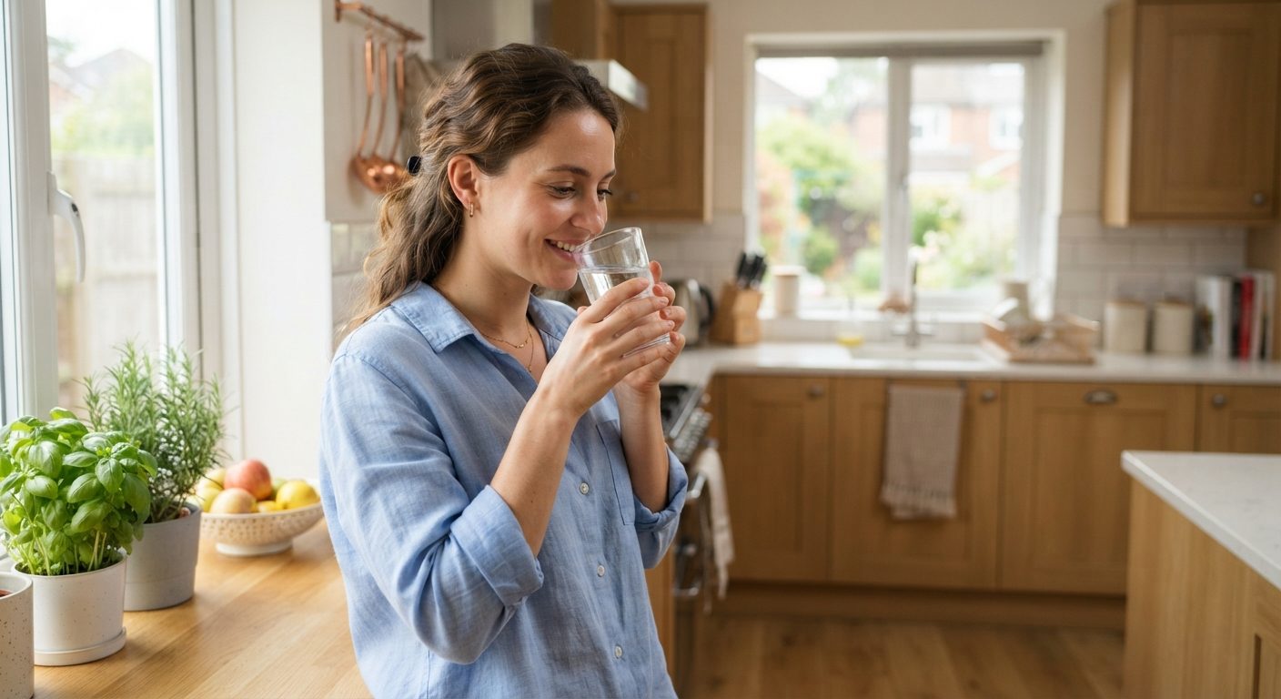 Kvinde drikker et glas vand i køkkenet som eksempel på dagligt væskeindtag
