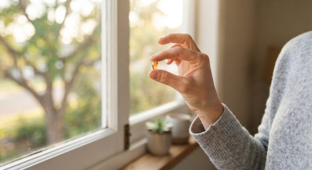 Person holder D-vitamintilskud i hånden ved vindue med morgensol
