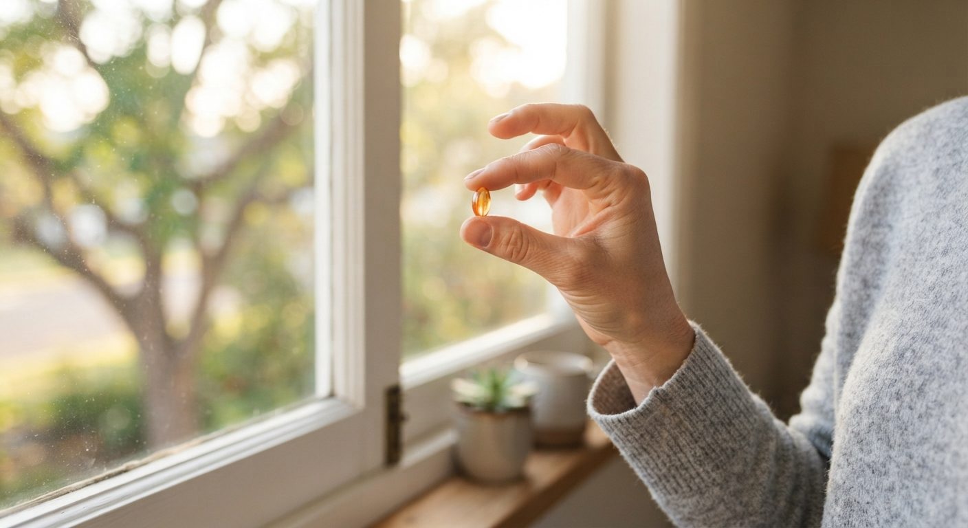 Person holder D-vitamintilskud i hånden ved vindue med morgensol