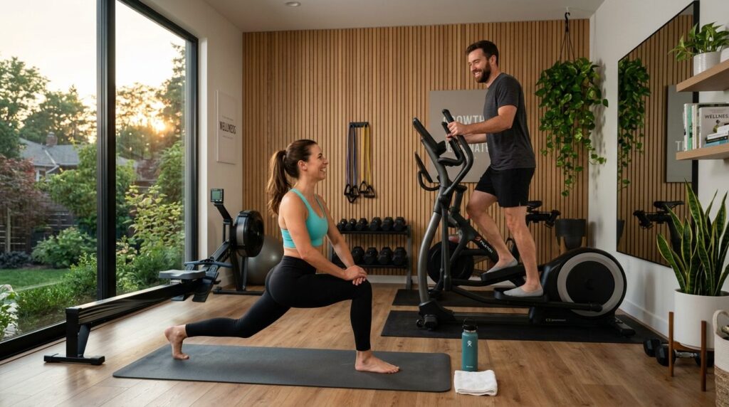 Modern wellness lifestyle image: Fit couple exercising toget