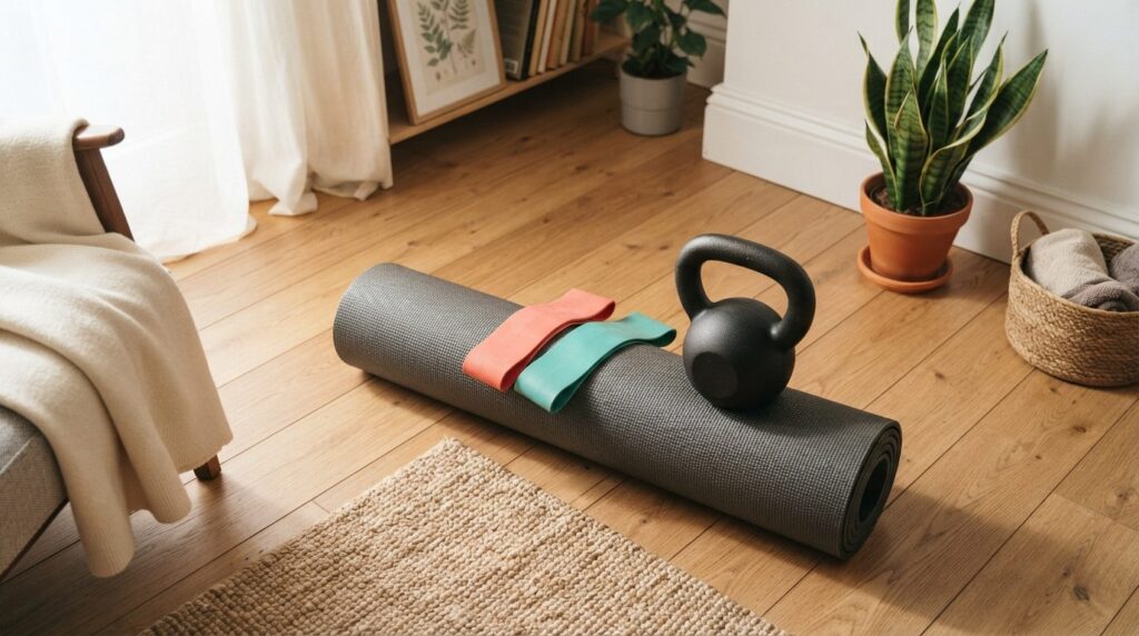 Overhead shot of resistance bands and kettlebell placed on a