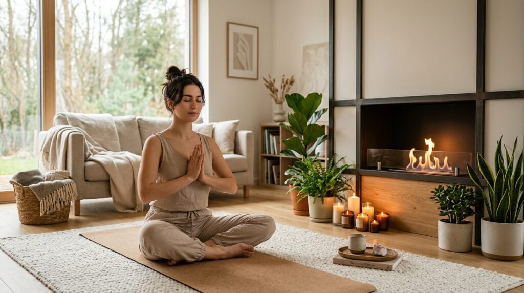Professional lifestyle stock photo, 16:9 ratio, serene home 