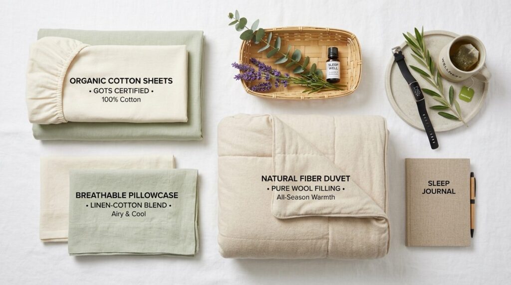Overhead flat lay photography of high-quality bedding materi