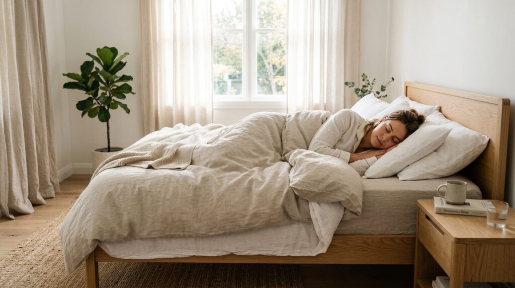 Restorative sleep wellness photograph showing a person sleep