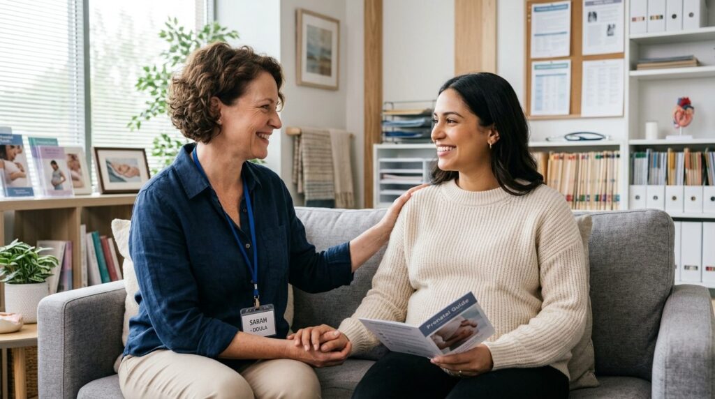 Photorealistic stock image, 16:9 format, compassionate doula
