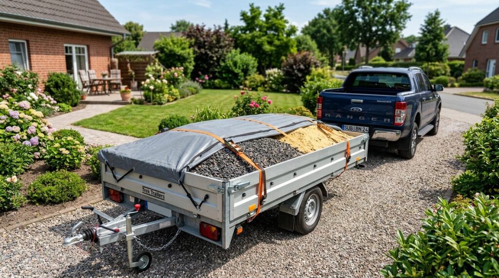Wide shot of a loaded garden trailer with gravel and sand at