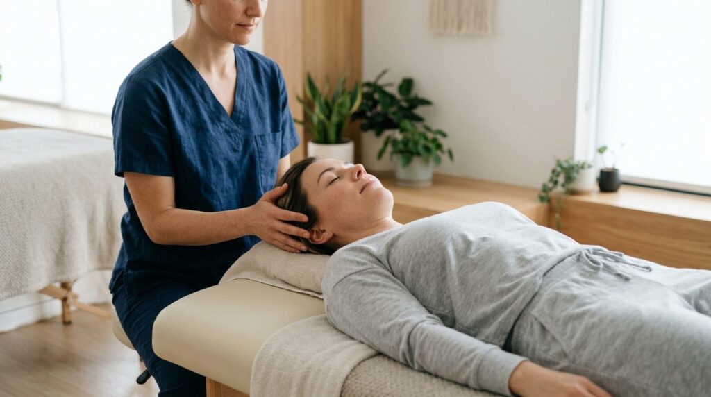 Rolig kvinde slipper af med stress gennem behandling af nervesystemet.