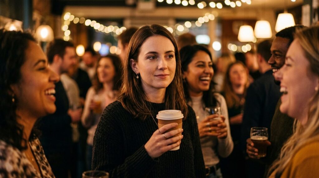 Photorealistic stock image, 16:9 format: A person at a socia