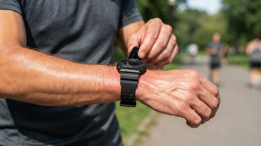 Photorealistic stock image, 16:9 format. Male athlete removi