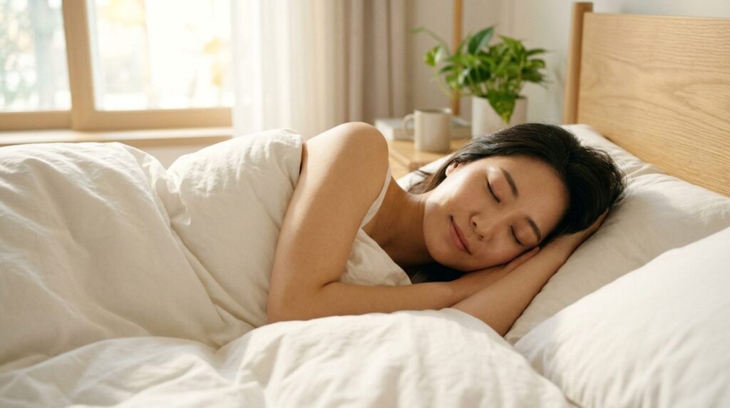Professional stock photo, 16:9 ratio, peaceful Asian woman s