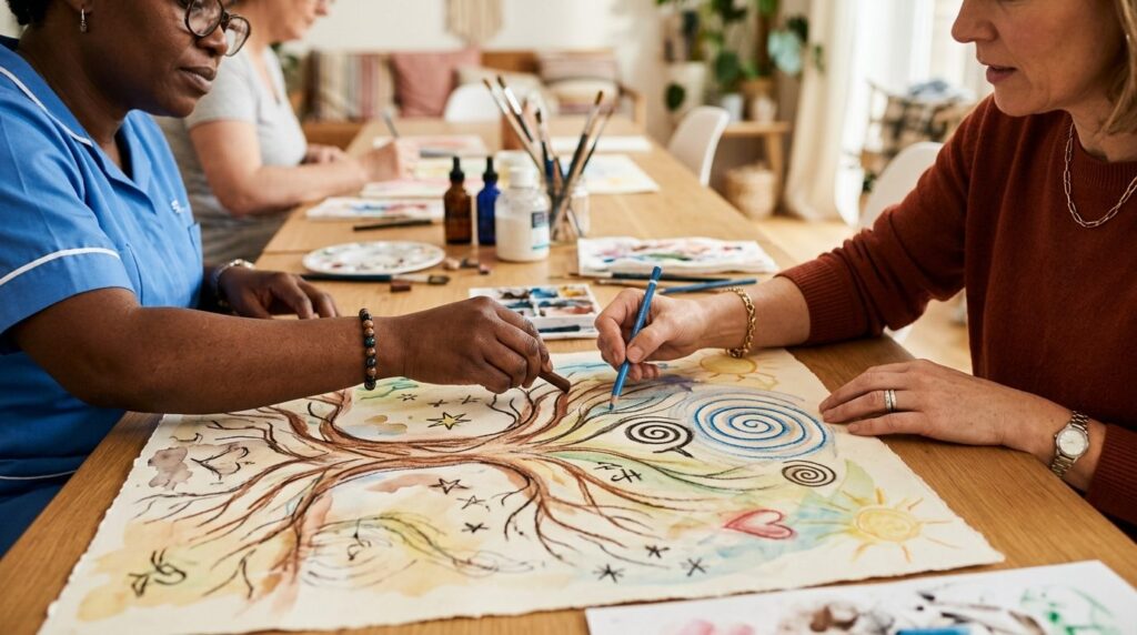To menneskers hænder arbejder sammen med kunstmaterialer under en struktureret kunstterapiworkshop.