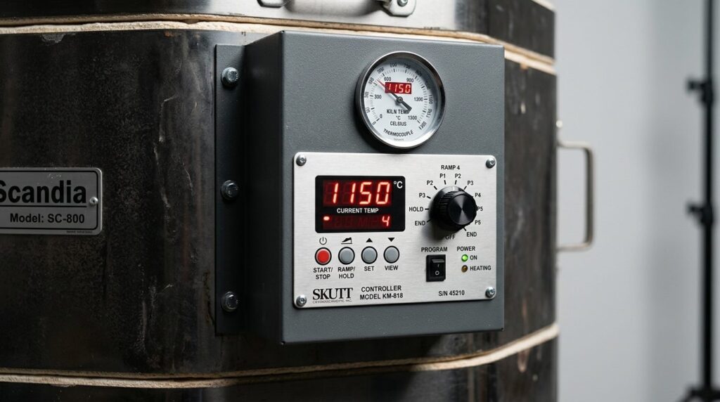 Close-up detail shot of a ceramic kilns control panel and t
