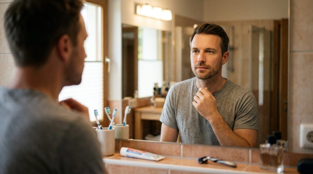 Close-up portrait of a composed man looking in mirror with n