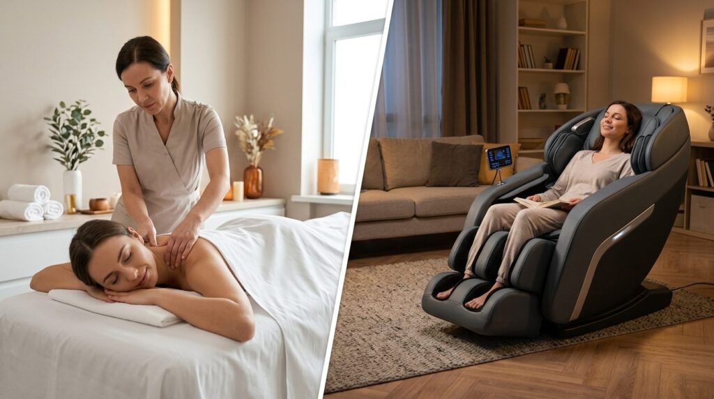 Professional stock photo, 16:9 ratio, split-screen style com
