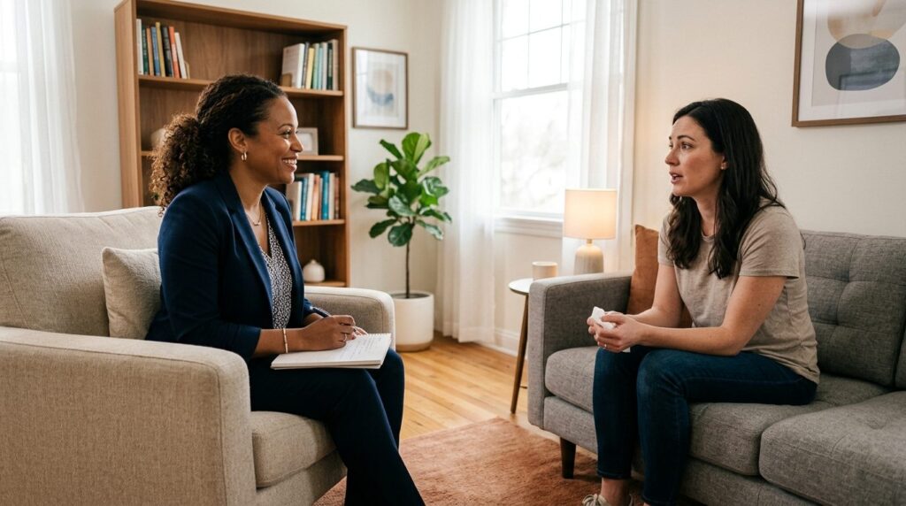Photorealistic image of a diverse professional therapist or 