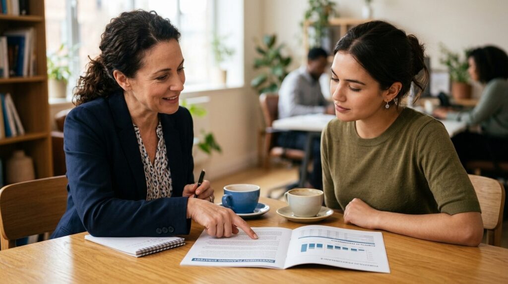 Close-up photograph of two people in a consultation setting:
