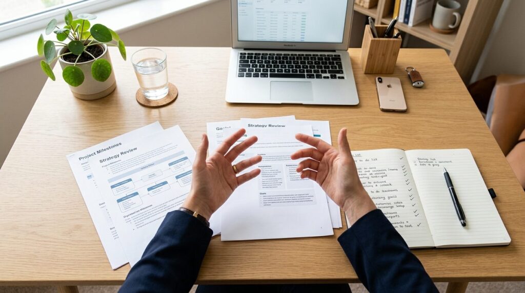 Overhead view of a desk with organized paperwork, a notepad 