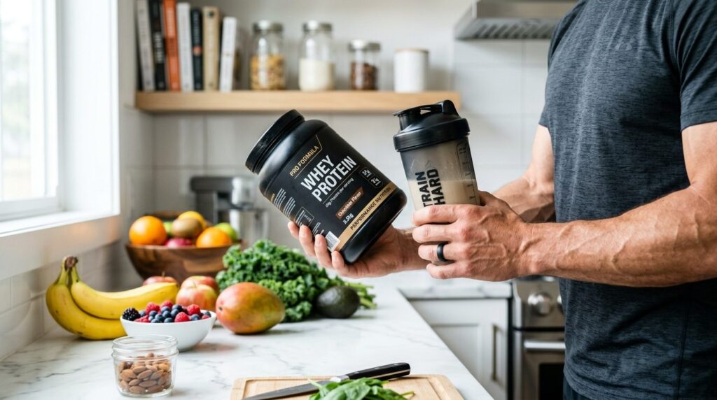 Close-up fitness nutrition shot: Muscular mans hands holdin