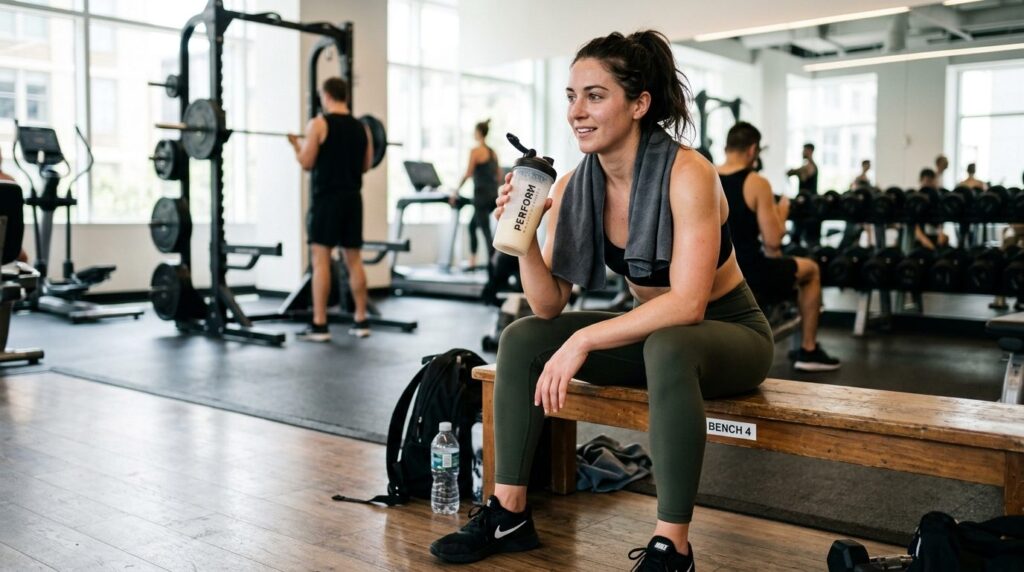 Post-workout recovery scene: Fit woman in gym attire sitting