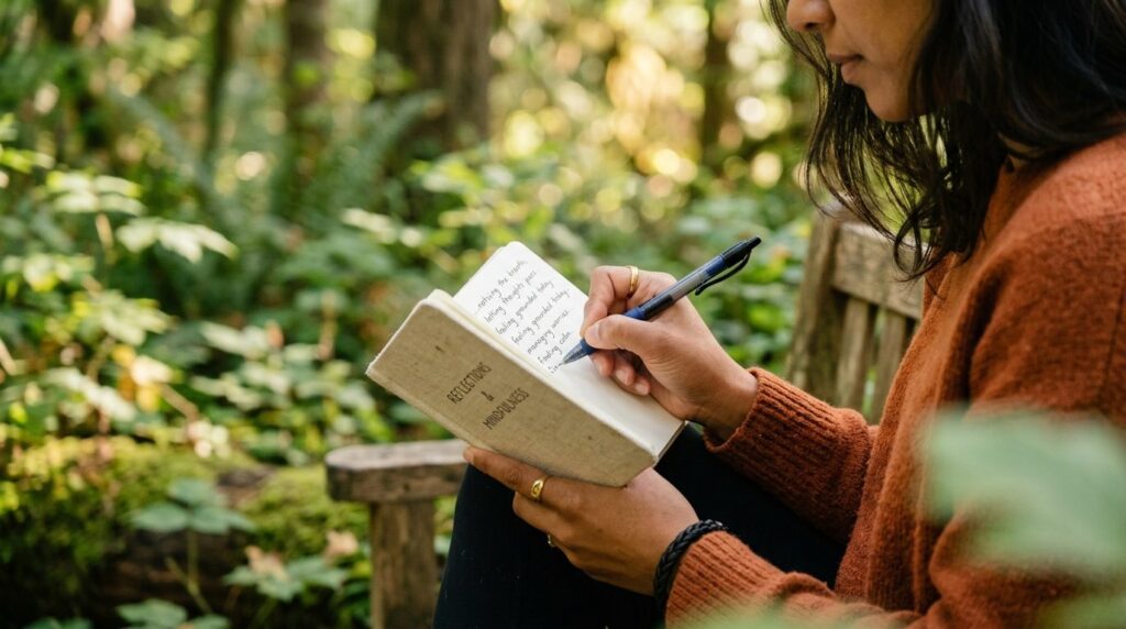 Close-up photorealistic image of hands holding a small noteb