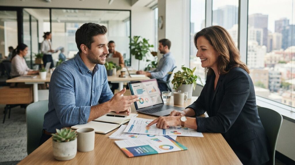 Business meeting scene with manager and employee discussing