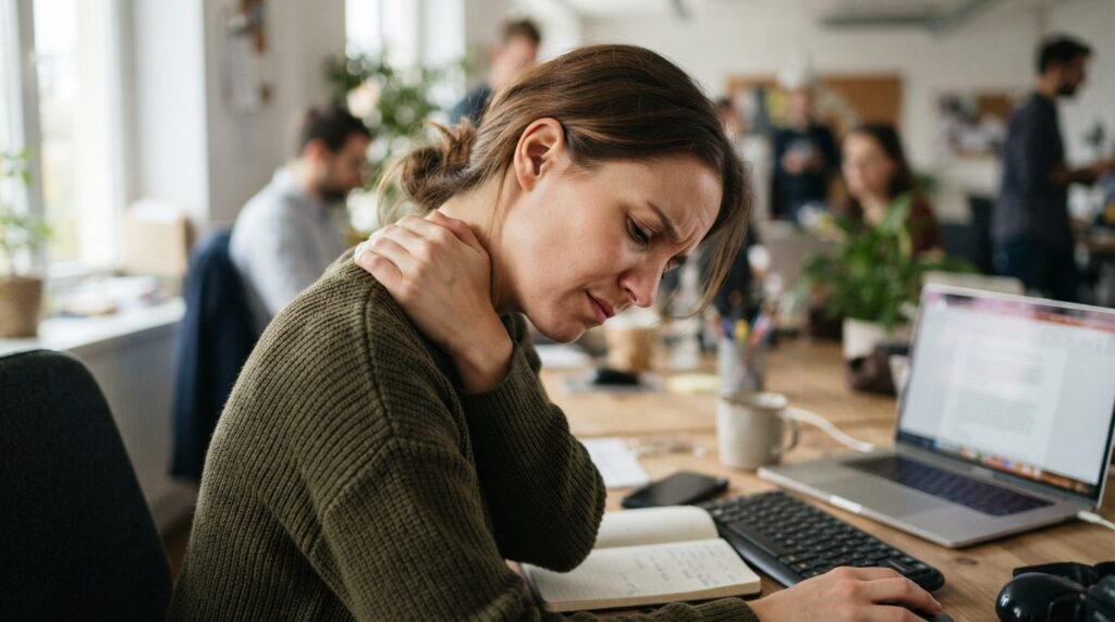 Close-up of person at desk showing neck tension and poor pos