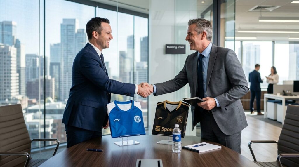 Photorealistic image of a sponsorship meeting between club r