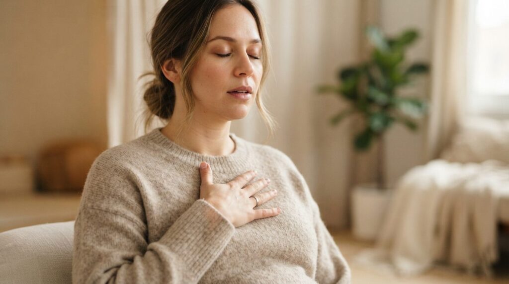 Close-up photorealistic stock image of a pregnant womans fa