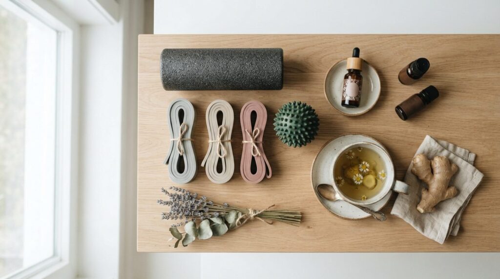 Flatlay composition in 16:9 format displaying natural pain r