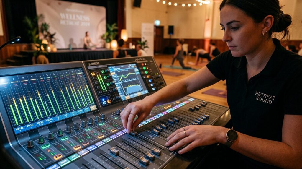 Close-up of a professional audio engineer adjusting sound le