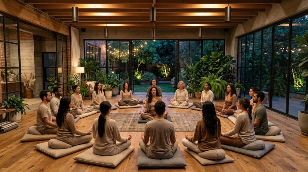 Wide shot of an intimate wellness gathering with participant