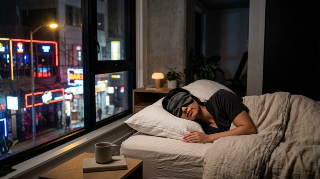 Mørklagt soveværelse med en person i sengen under et tæppe, blot ansigtet synligt på puder.