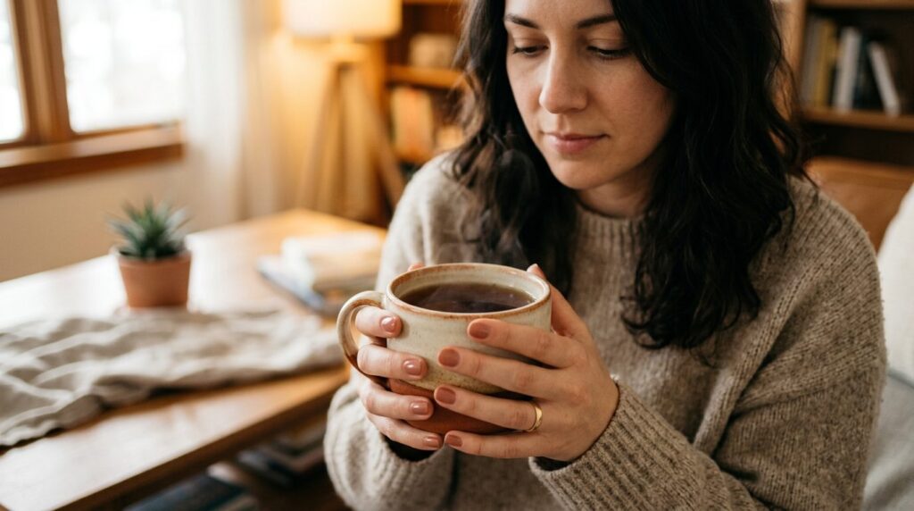 Close-up photograph of a persons hands holding a warm cup o