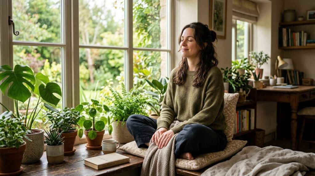 Professional photograph of a woman taking a break from digit
