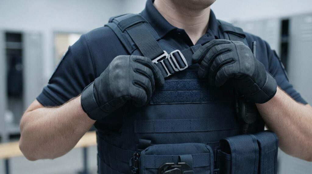 Close-up of a police officer adjusting the shoulder straps a