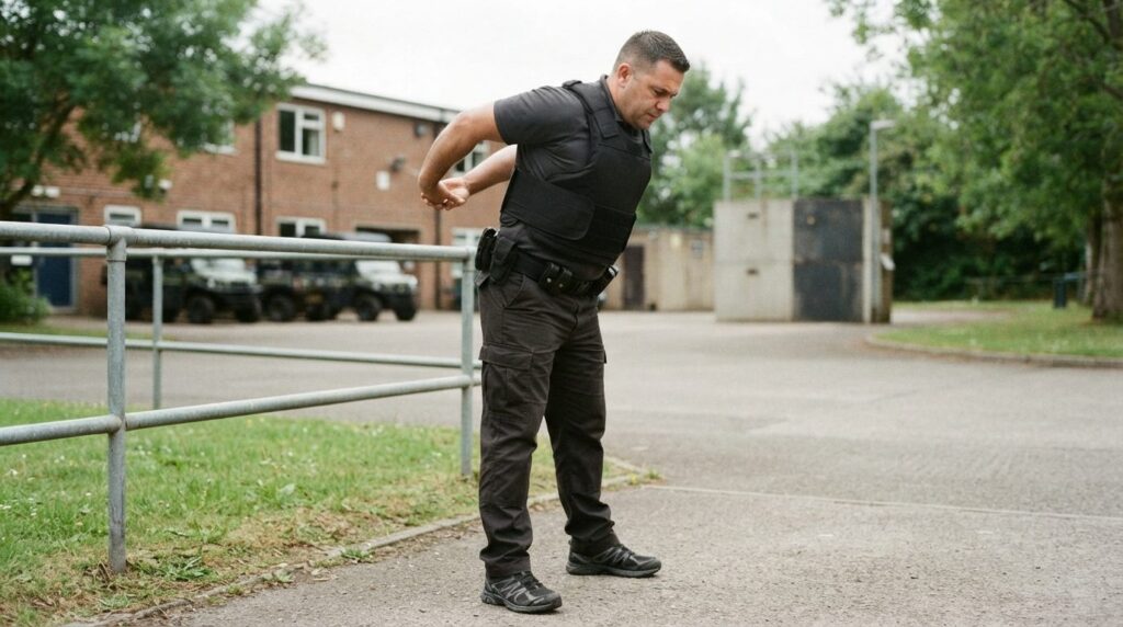 Security professional performing back stretching exercises d
