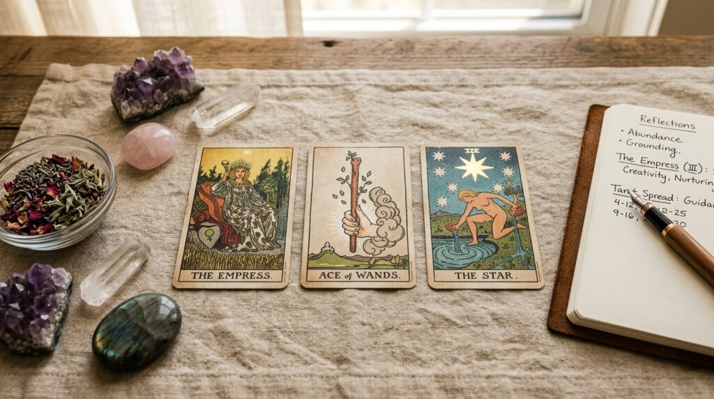 Close-up detail shot of hand-drawn tarot cards arranged in a