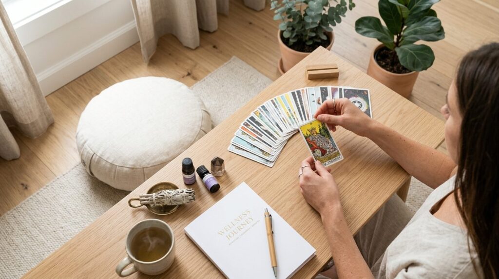 Bright, airy overhead flat-lay of tarot deck, meditation cus